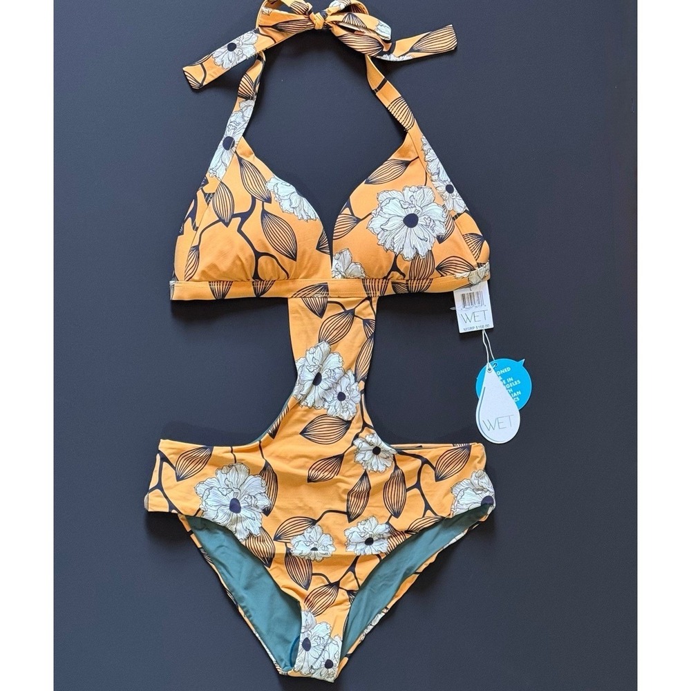 WET Halter Monokini Swimsuit L‎ Marigold Floral Cutout One Piece NWT $168
